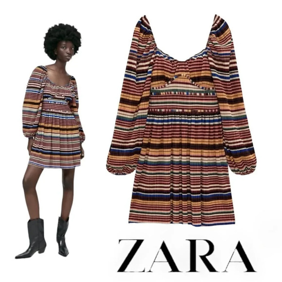 ZARA | Chocolate Brown | PRINTED PLEATED DRESS - Picture 1 of 10